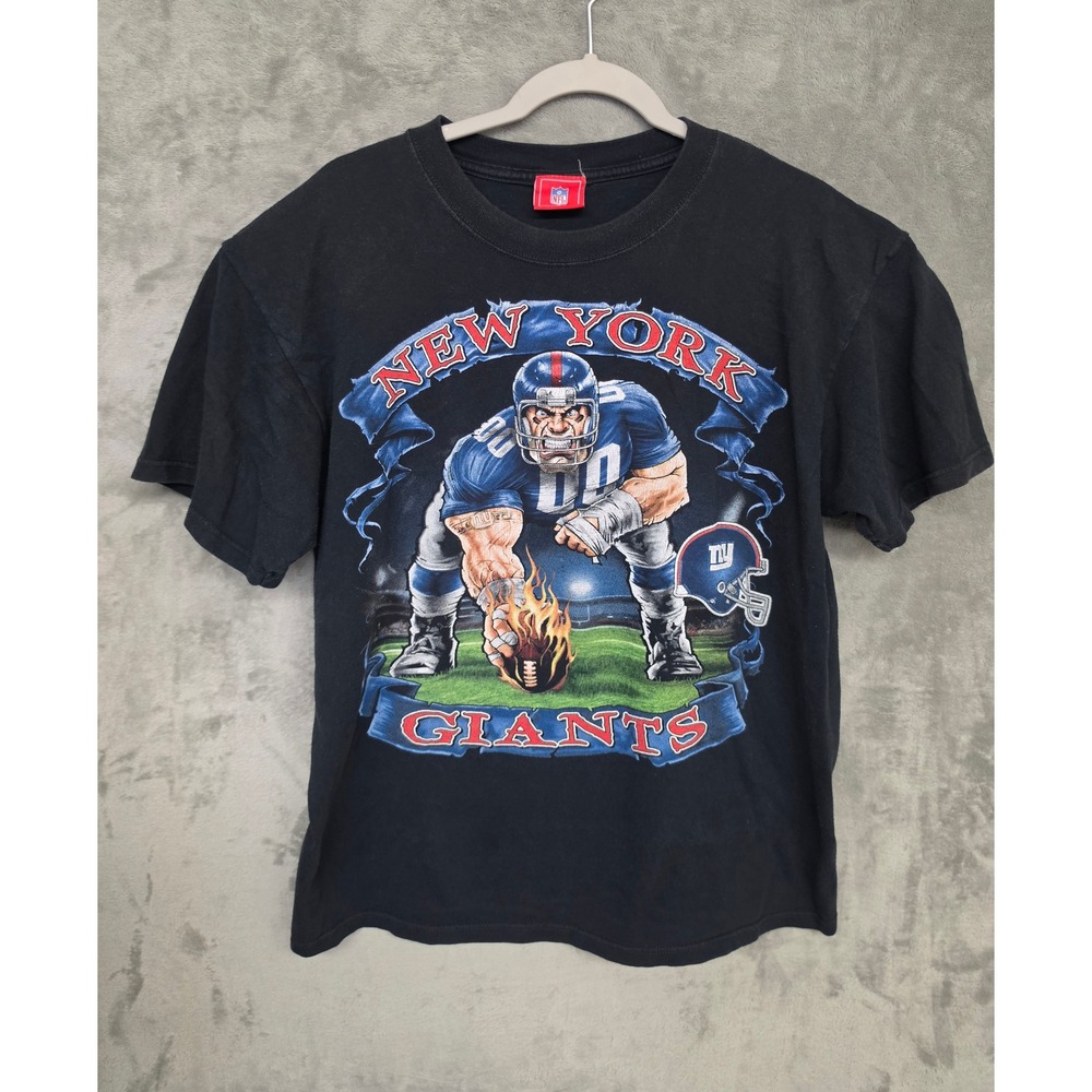 Vintage NFL New York Giants Graphic T-Shirt Men Large Black Flaming Football Tee